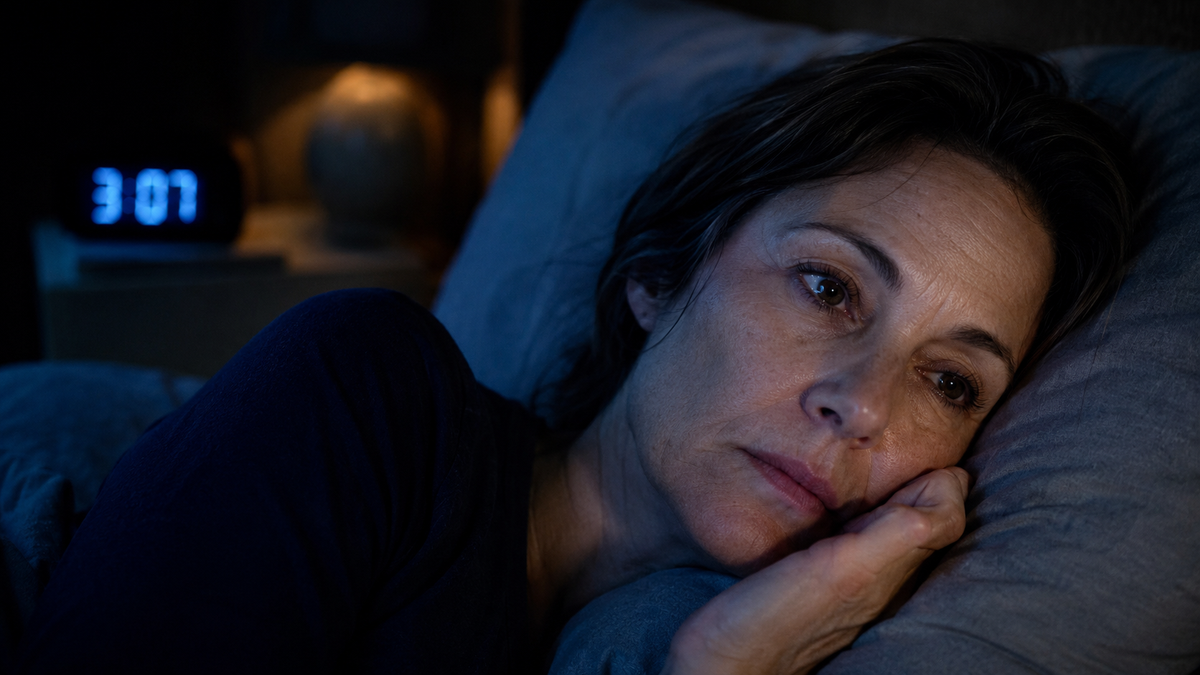 Woman sleeping while soft light represents hormonal sleep disruption during perimenopause and menopause