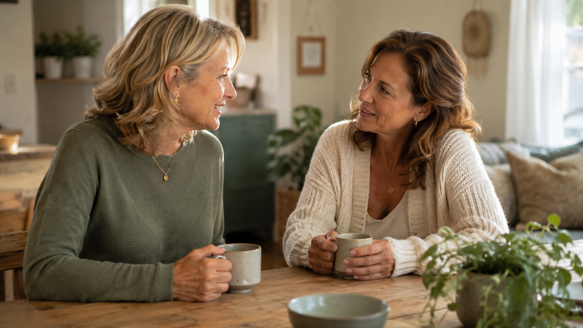 Two women in their early 50s sharing morning coffee, representing the trusted friend recommendation that led to trying Sound Sleep