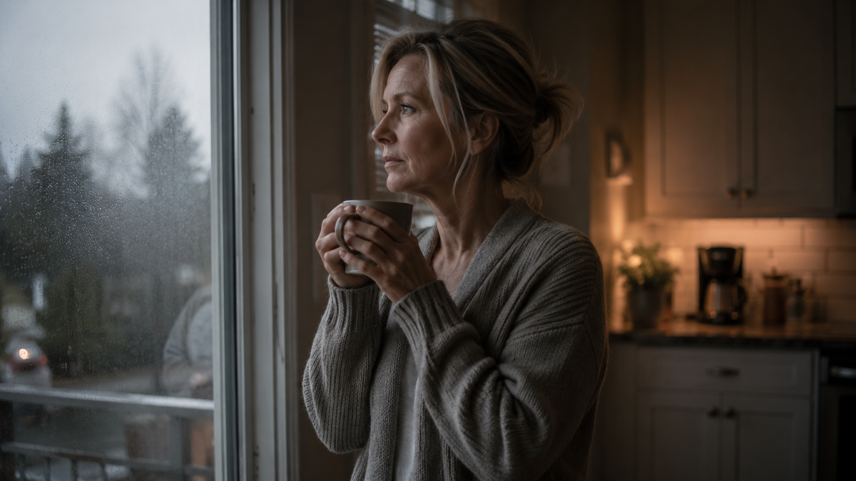 Woman in her early 50s standing alone at a kitchen window in early morning light, quietly exhausted from chronic sleep disruption