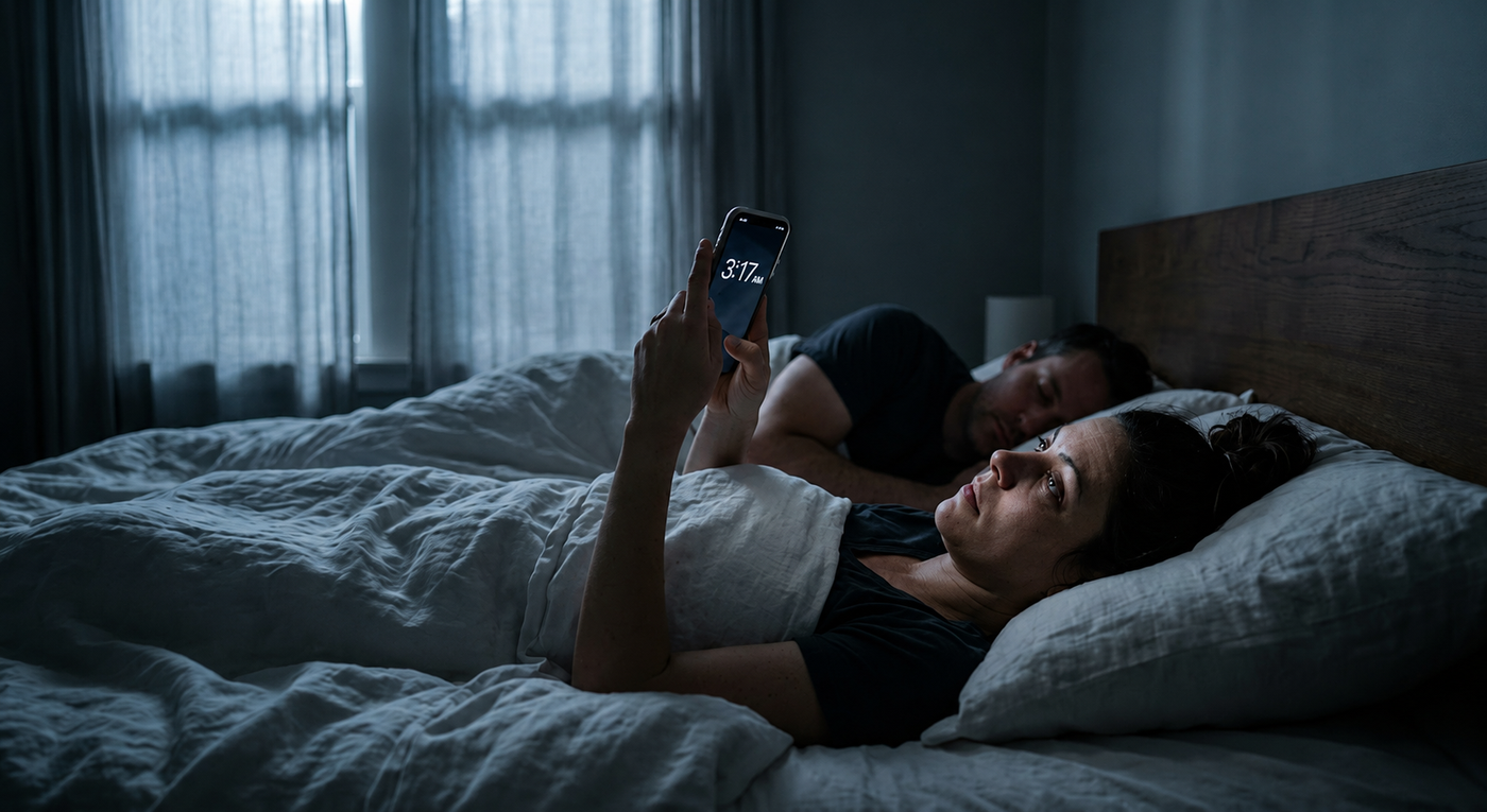 Woman in her late 40s lying awake in a dark bedroom at 3AM with a glowing digital clock, unable to sleep