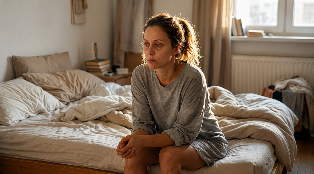Exhausted woman in her early 50s sitting on the edge of a bed after months of broken sleep from perimenopause